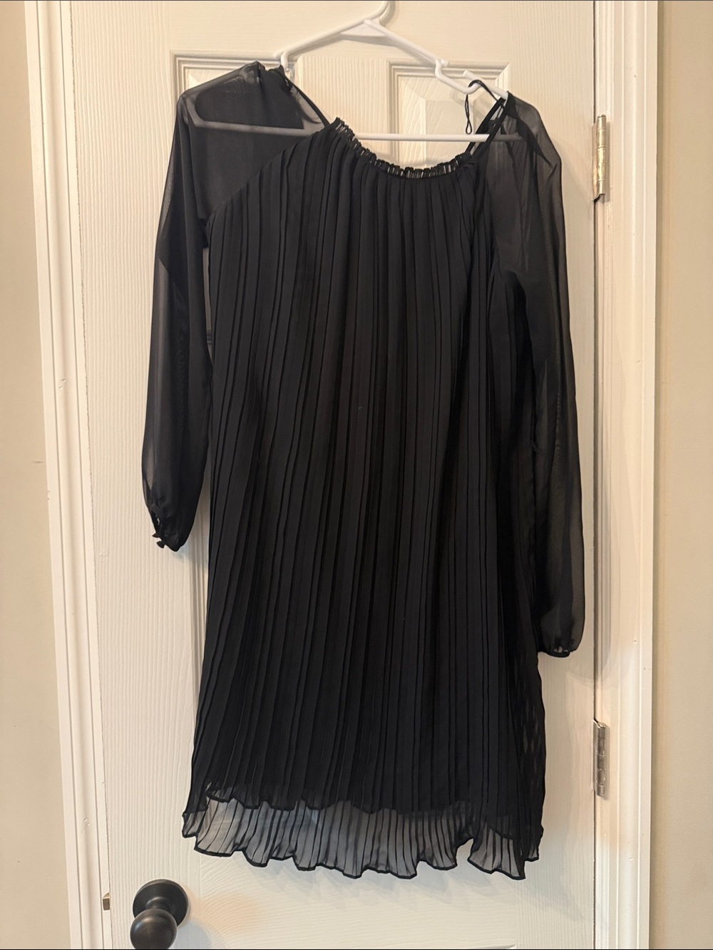 Black Pleated Off-Shoulder Sheer Sleeve Dress